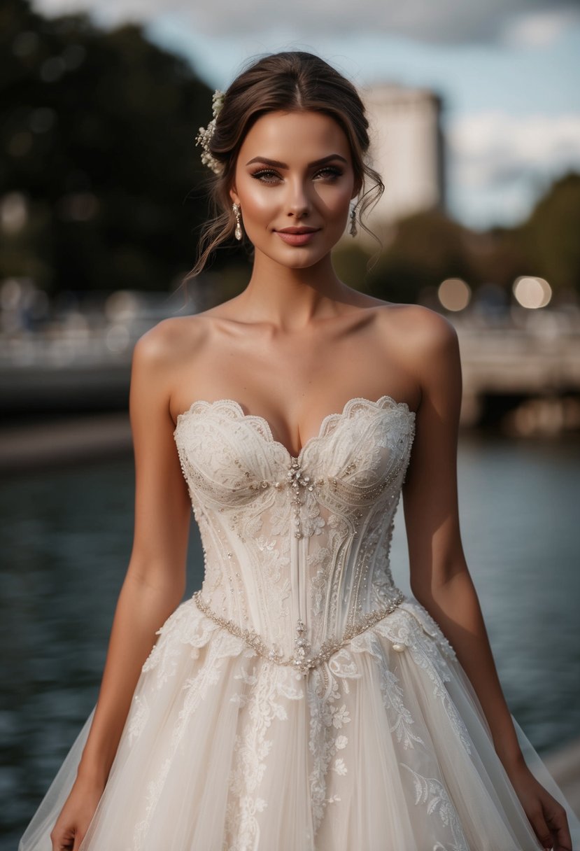 A lace corset top wedding dress with intricate beading and delicate embroidery, featuring a sweetheart neckline and a flowing tulle skirt