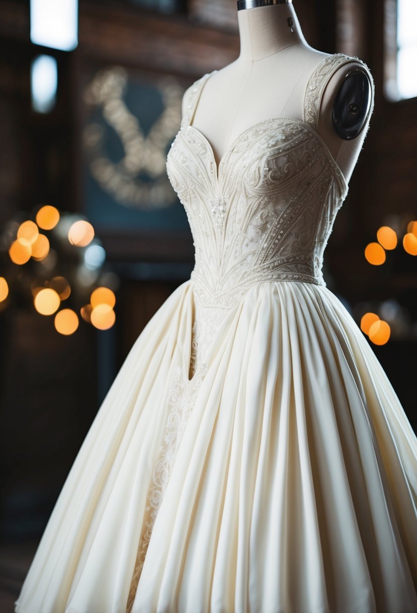 An ivory A-line gown with intricate vintage 50s detailing on a dress form