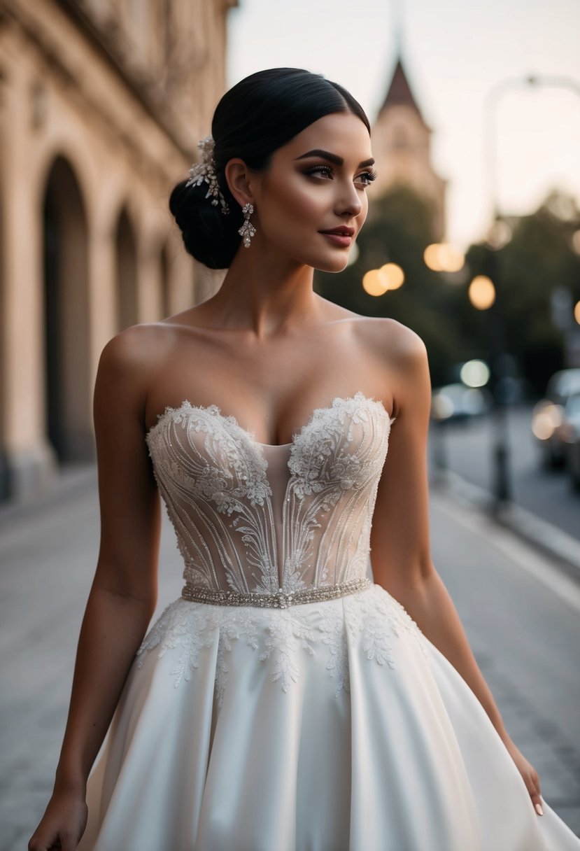 A sleek, figure-hugging corset top wedding dress with a flowing midi skirt, featuring elegant lace and intricate beading details