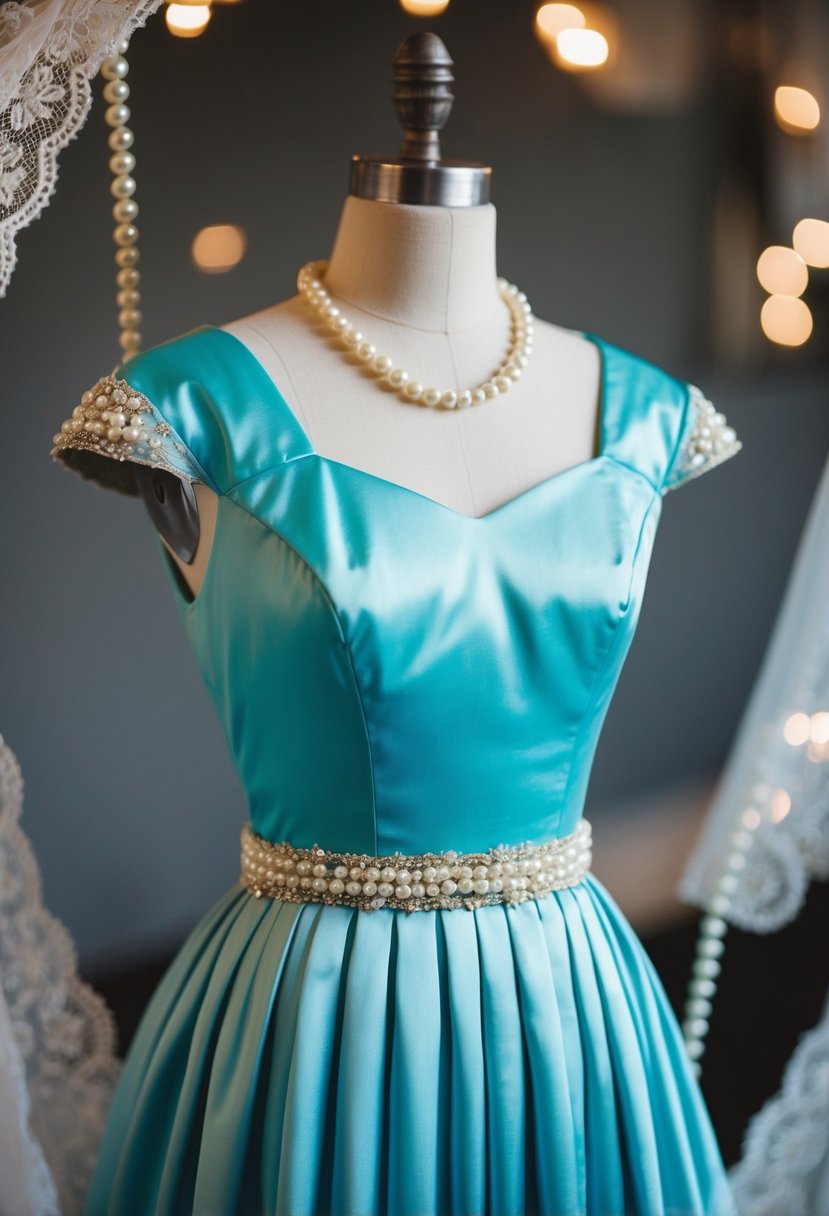 A silk taffeta dress with cap sleeves hangs on a vintage dress form, surrounded by lace and pearls