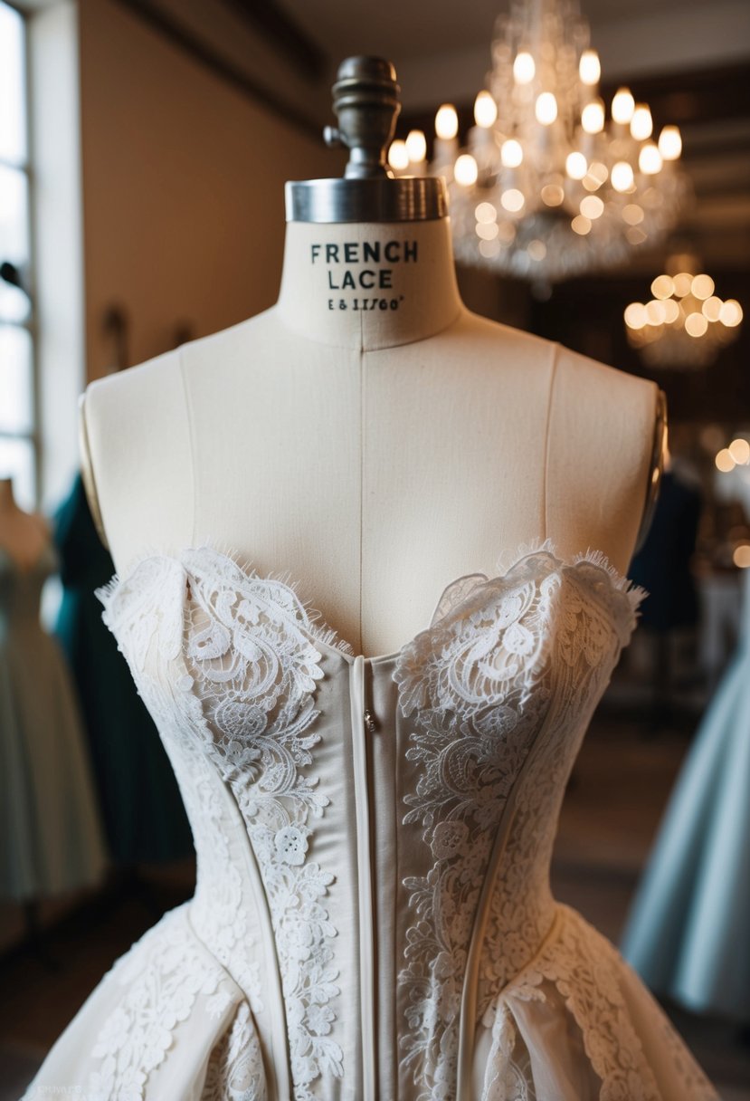 A French Lace Corset Top wedding dress displayed on a vintage mannequin