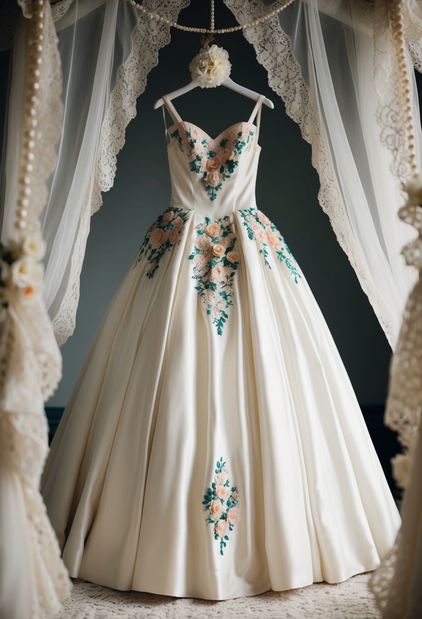 A classic ball gown with floral applique hangs on a vintage dress form, surrounded by delicate lace and pearls