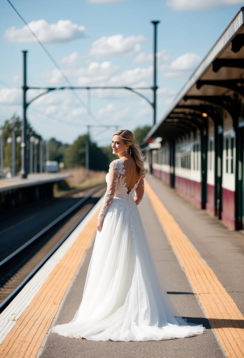 A bride stands on a train platform, her long wedding dress billowing in the wind, as she waits for her train to arrive