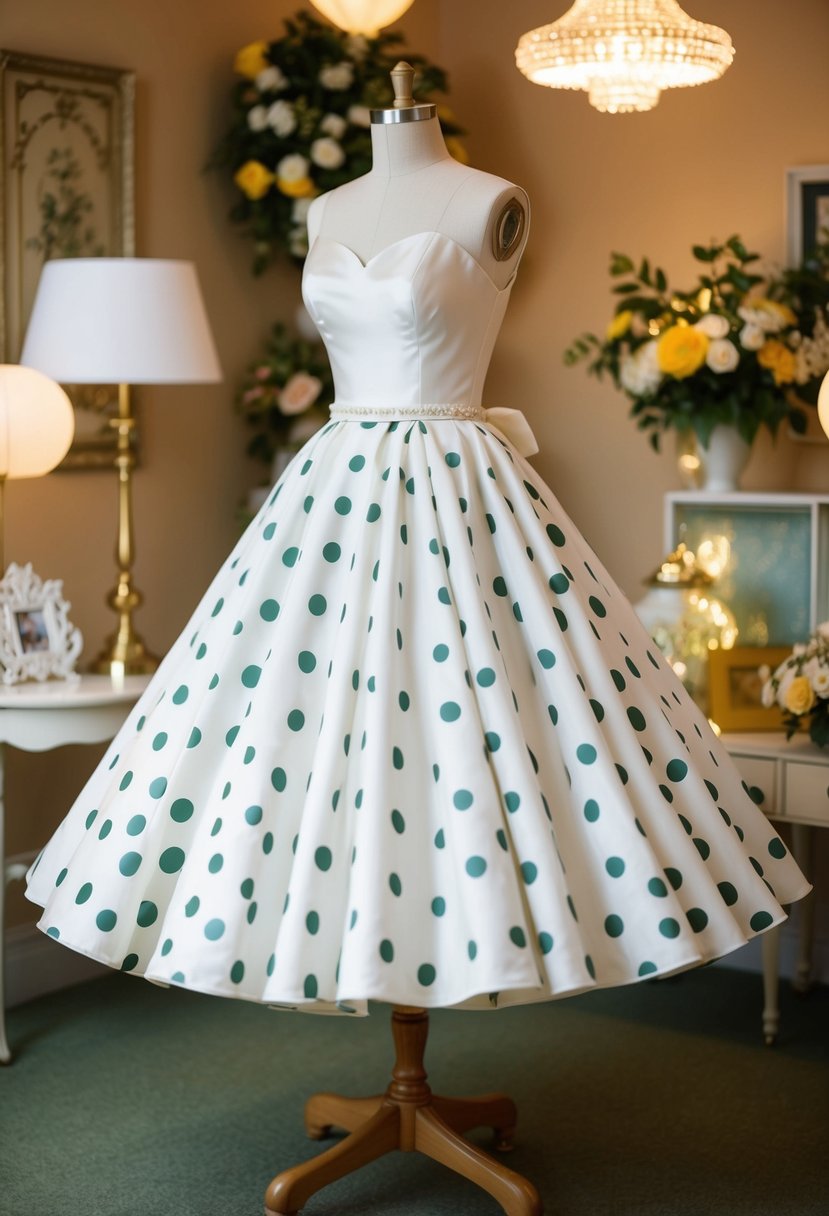 A vintage 50s wedding dress with a polka dot swing skirt, surrounded by classic retro decor and a cheerful atmosphere