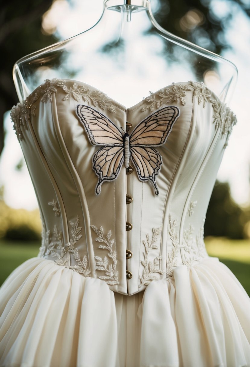 A delicate butterfly embroidered corset top adorns a flowing wedding dress, creating an elegant and whimsical bridal ensemble