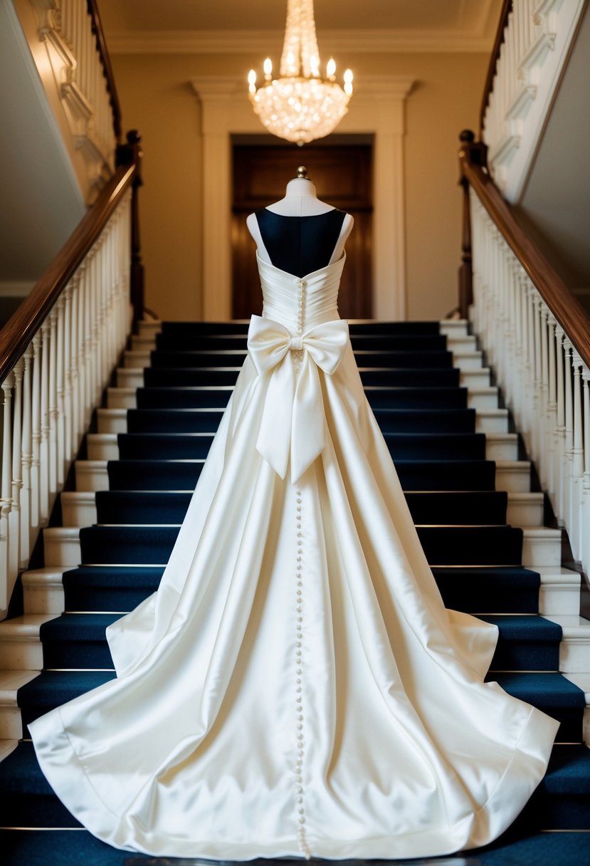 A satin wedding dress with a bow train cascading down a grand staircase