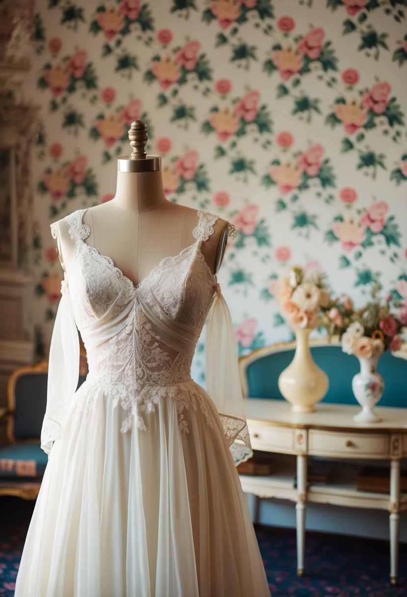 A mannequin wears a 1950s vintage wedding gown with chiffon and lace details, set against a backdrop of retro floral wallpaper and antique furniture