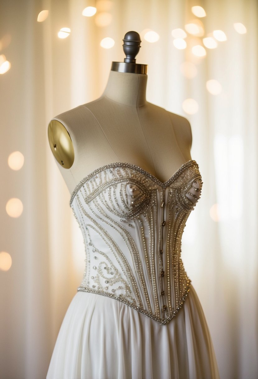 A beaded strapless corset top wedding dress displayed on a mannequin against a soft, romantic background