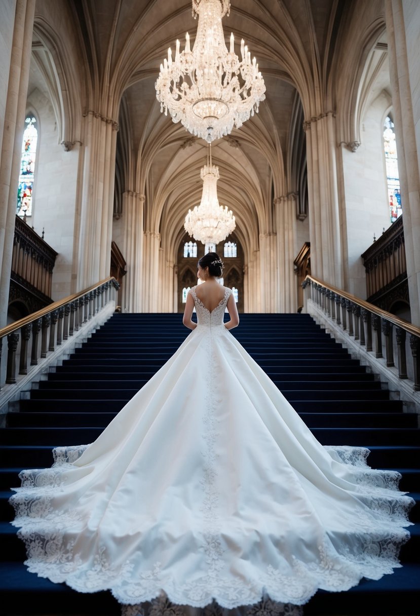 A grand cathedral train cascades behind an elegant wedding dress, exuding timeless sophistication and grace