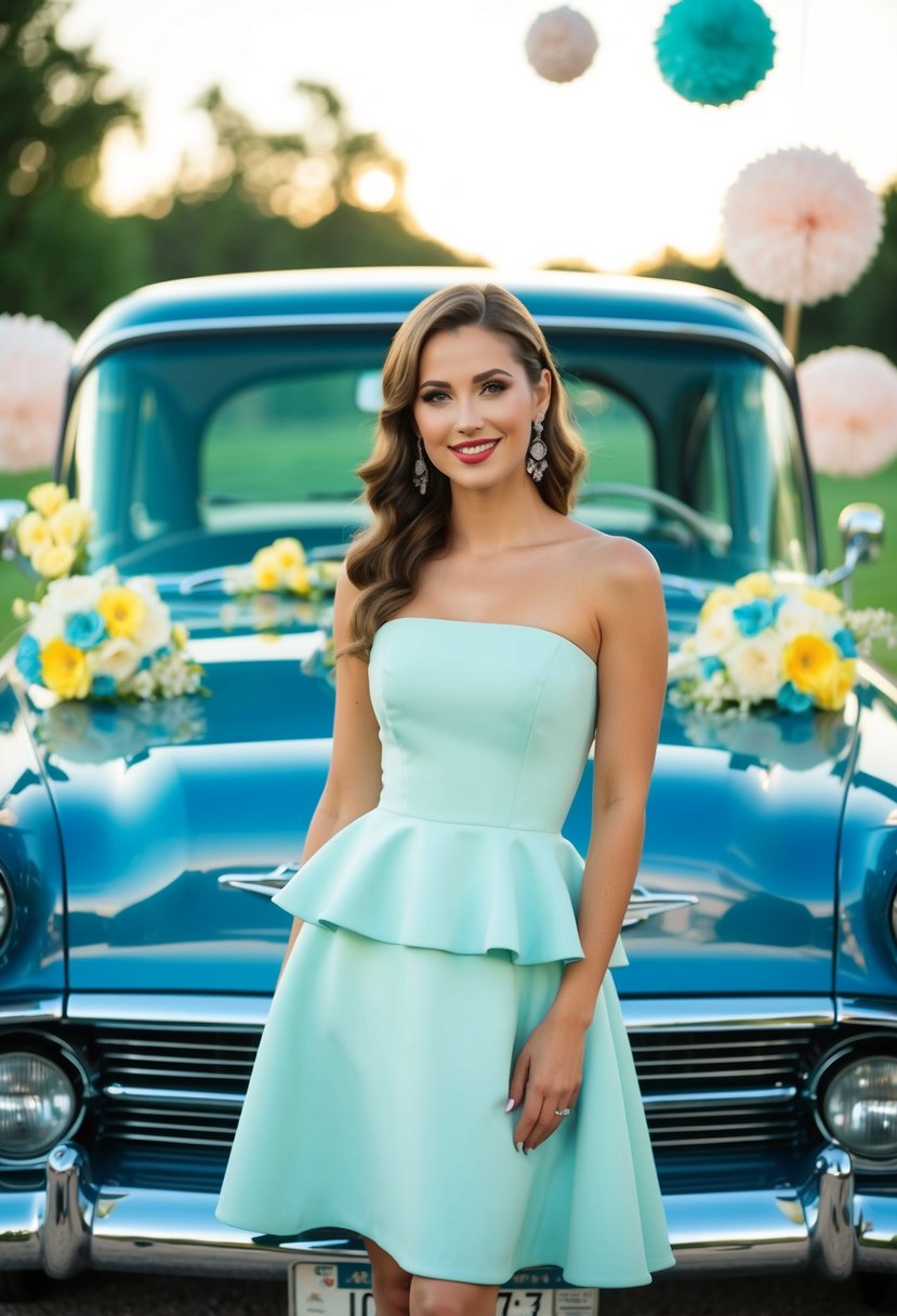 A woman in a peplum waist dress stands in front of a vintage car, surrounded by retro 50s wedding decor