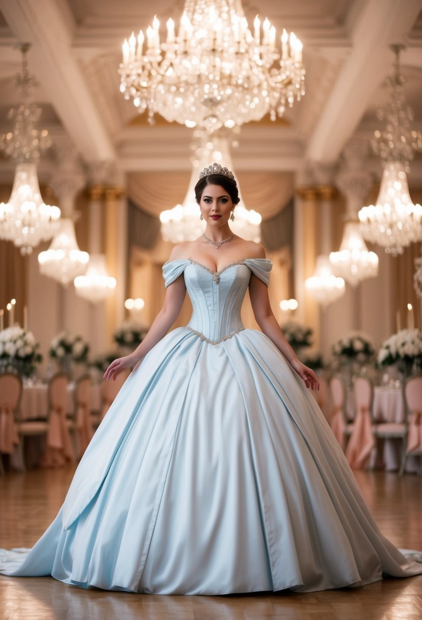 A grand ballroom with a princess in a flowing ball gown, featuring a corset top and intricate details, surrounded by elegant decor and chandeliers