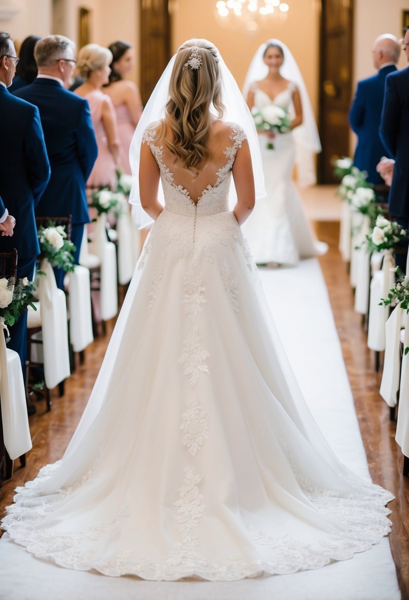 A long train wedding dress with delicate lace applique flowing behind the bride as she walks down the aisle