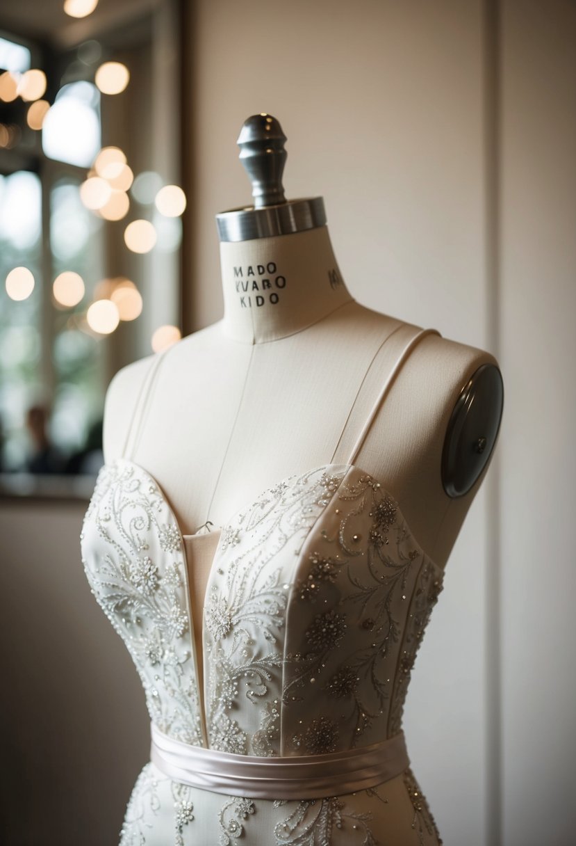 A mannequin adorned in a Mikado fabric dress, exuding vintage 50s wedding elegance with a sleek finish