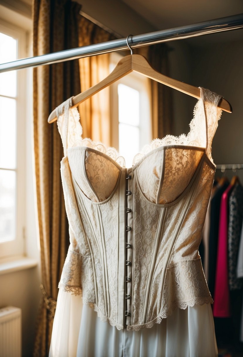 A lace corset dress hangs on a vintage coat rack in a sunlit dressing room