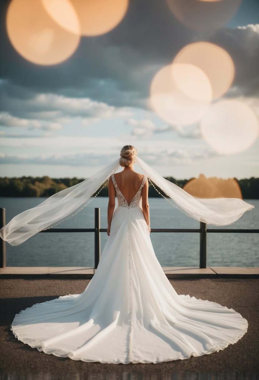 A flowing chiffon wedding dress with a beaded train billowing behind