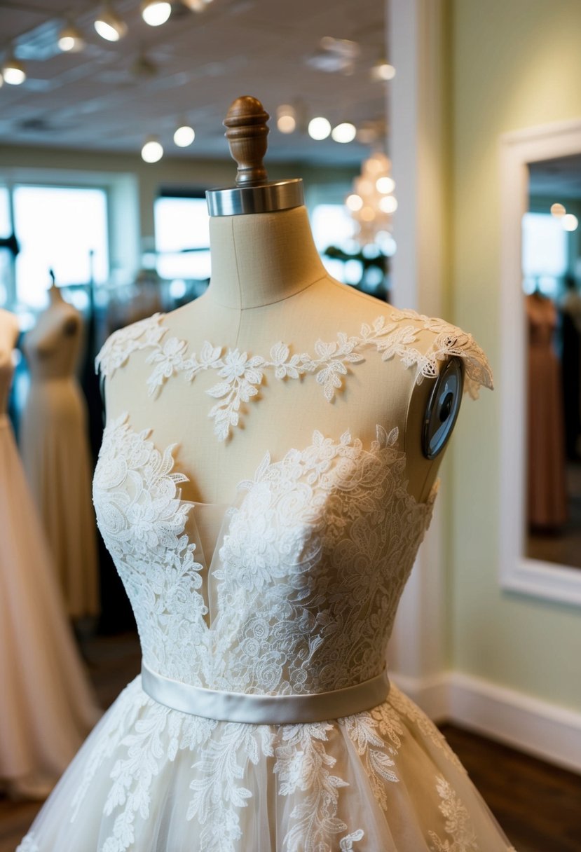 A vintage 50s wedding dress with illusion neckline and lace overlay displayed on a mannequin in a softly lit boutique