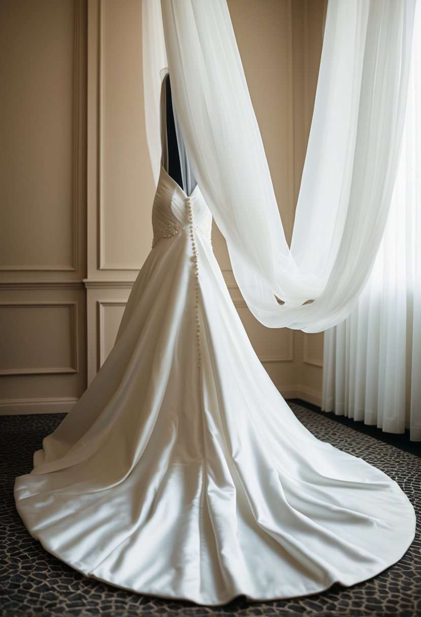 A flowing silk mikado train billows behind a wedding dress, cascading down in elegant folds