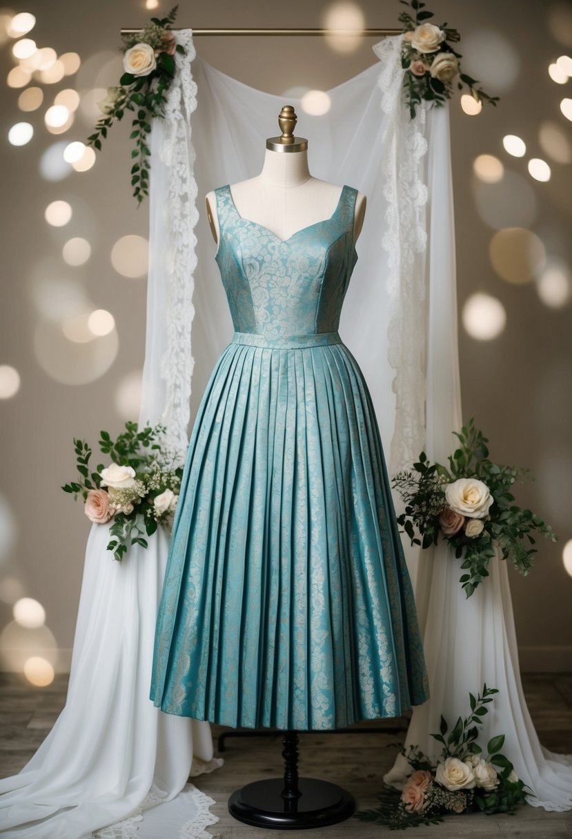 A mannequin wearing a vintage brocade dress with a pleated skirt, surrounded by lace and floral accents, in a 1950s-inspired wedding setting