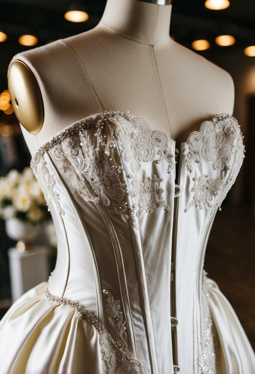 A delicate silk satin corset wedding dress drapes over a mannequin, adorned with intricate lace and sparkling details