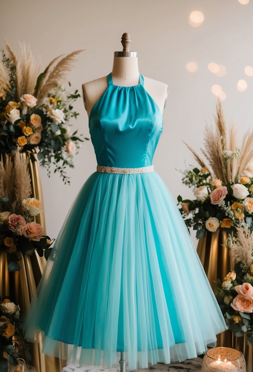 A vintage 50s halter dress with a tulle skirt, surrounded by retro wedding decor and floral arrangements