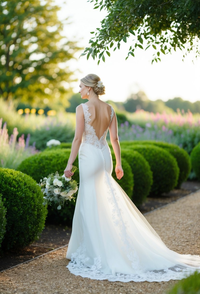 A bride walks through a garden, her illusion lace train trailing behind her in the breeze