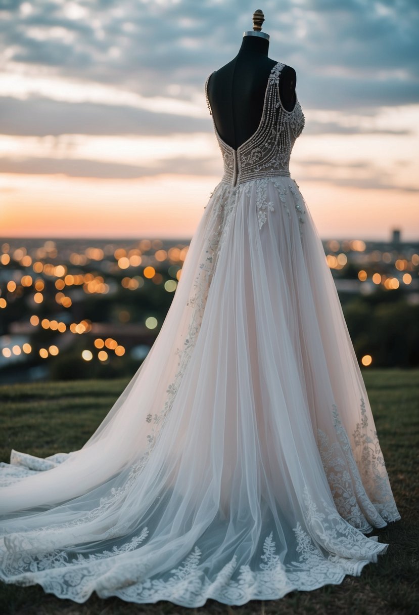 A flowing tulle skirt with a long train billowing behind, adorned with delicate lace and intricate beading