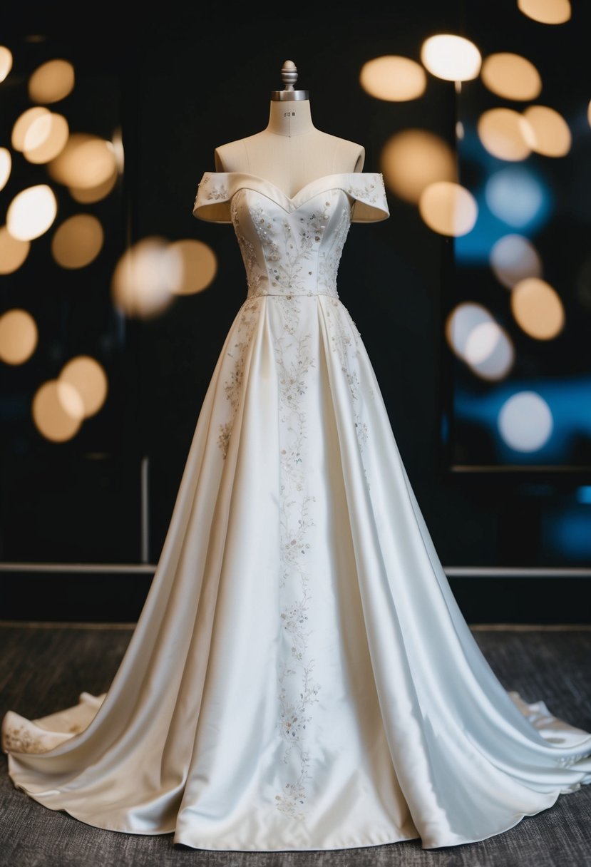 A vintage 50s wedding dress with delicate embroidery, off-shoulder satin gown flowing gracefully on a mannequin