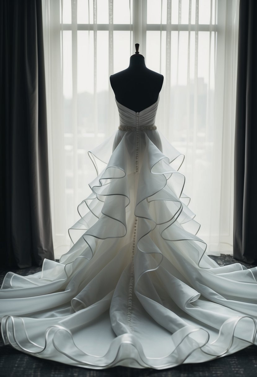 A flowing organza ruffle train cascades behind a long wedding dress, creating a dramatic and elegant silhouette