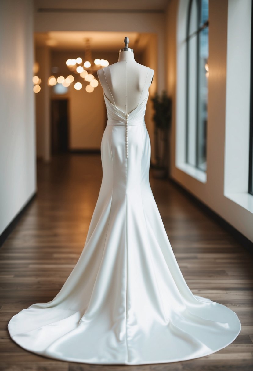 A sleek satin wedding dress with a long train flowing behind