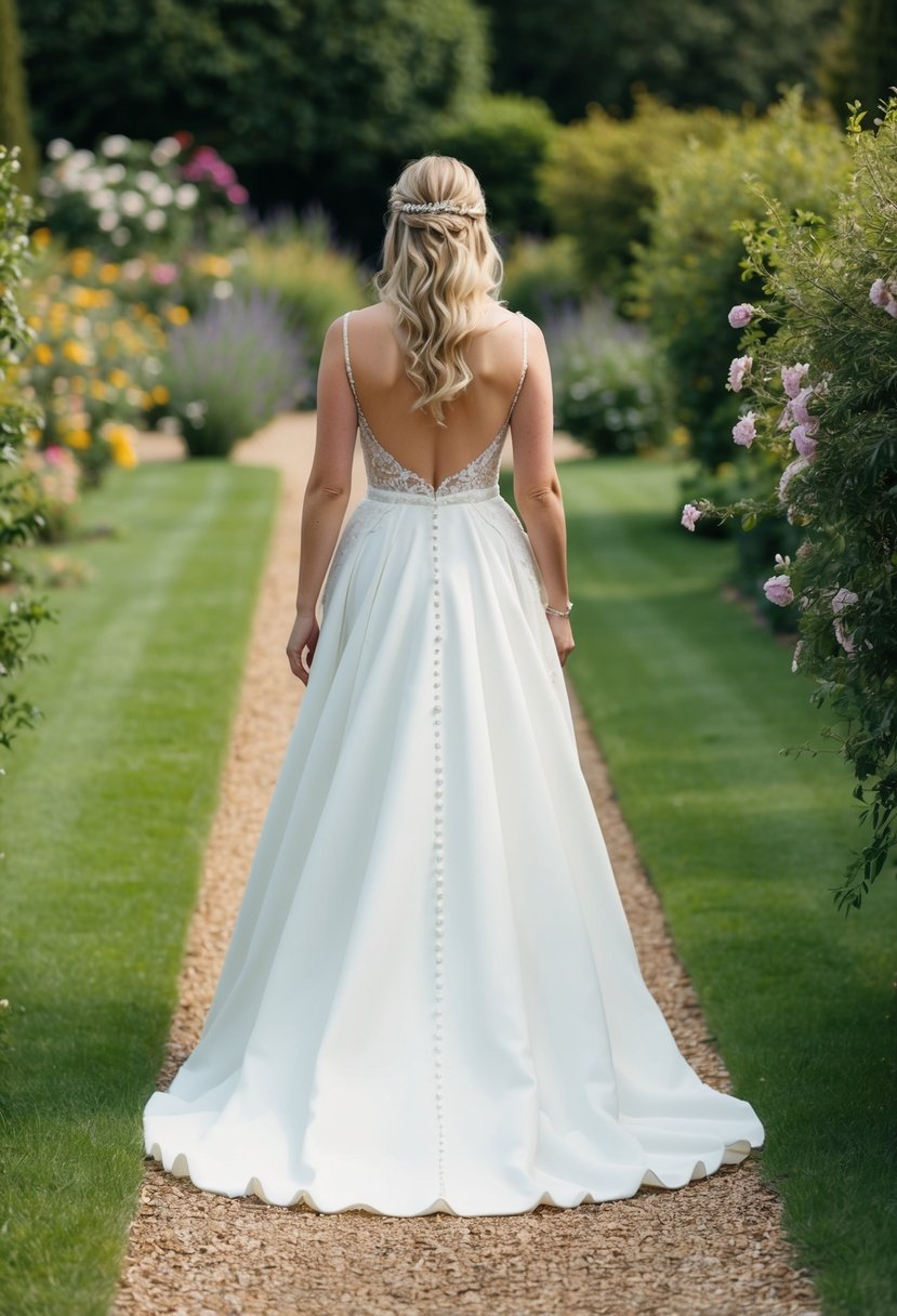 A bride walks through a garden, her high-low dress flowing behind her with a long train trailing elegantly on the ground