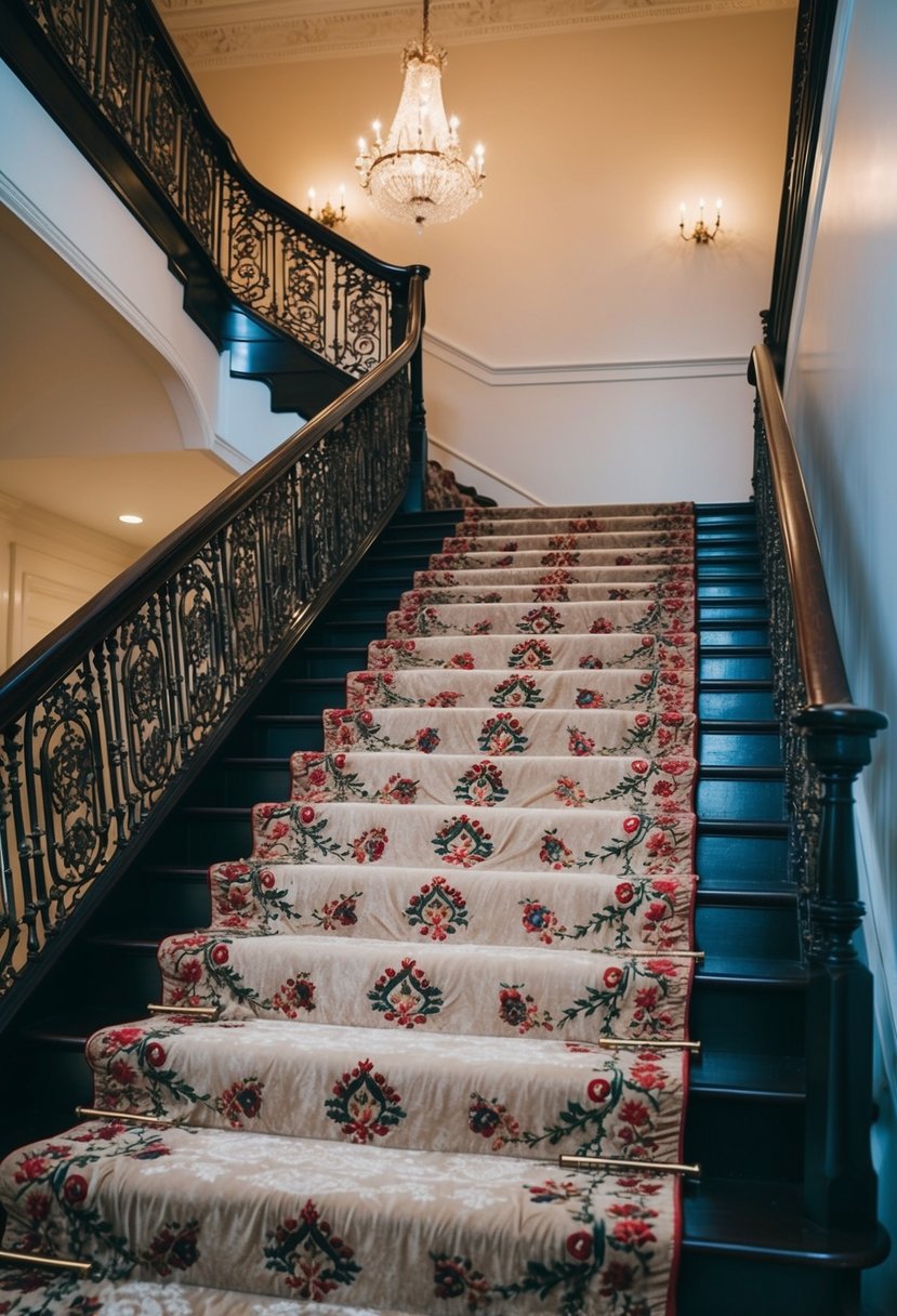 A flowing, embroidered train cascades down a grand staircase