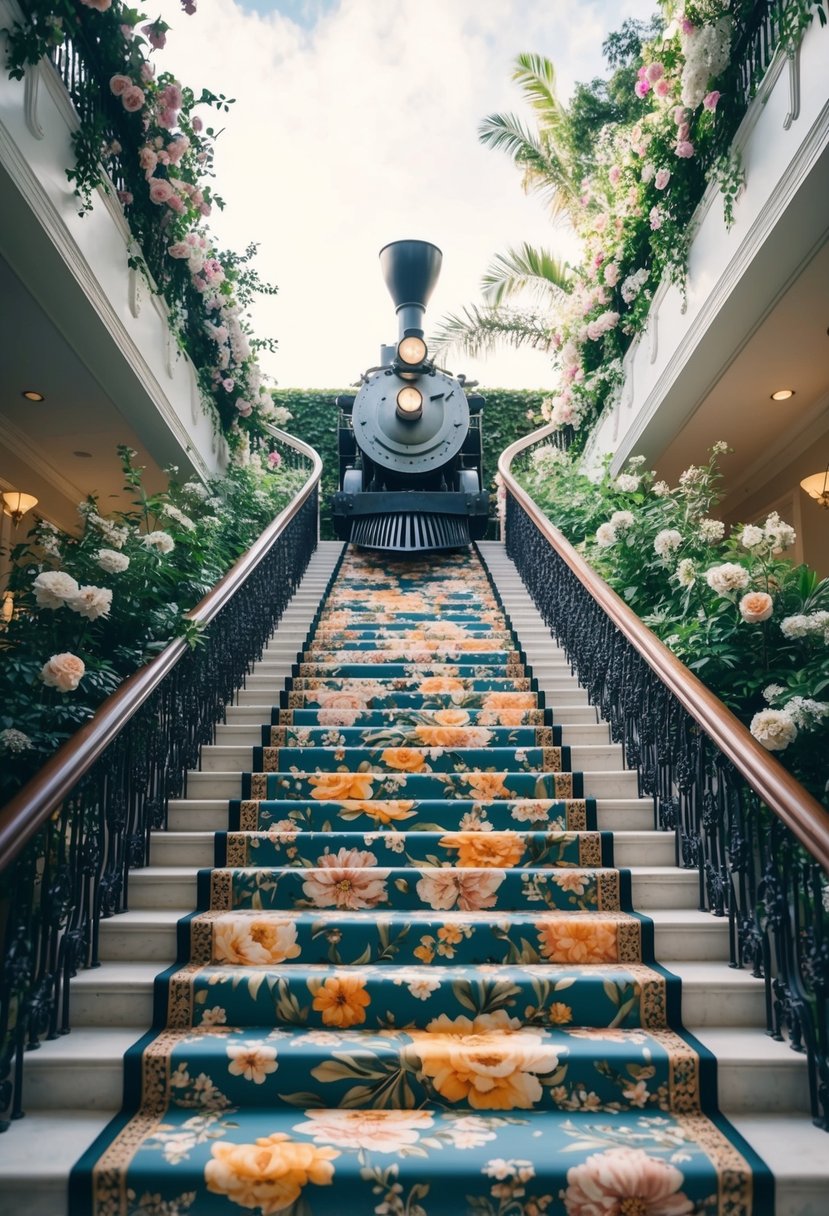 A flowing, floral-print train cascades down a grand staircase, surrounded by lush greenery and blooming flowers