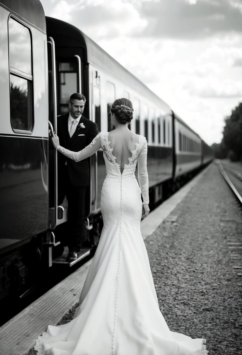 A bride in a vintage-inspired, long train wedding dress boarding a classic train