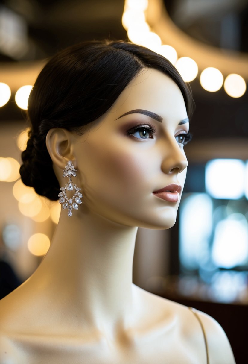 A round-faced mannequin wearing elegant wedding earrings