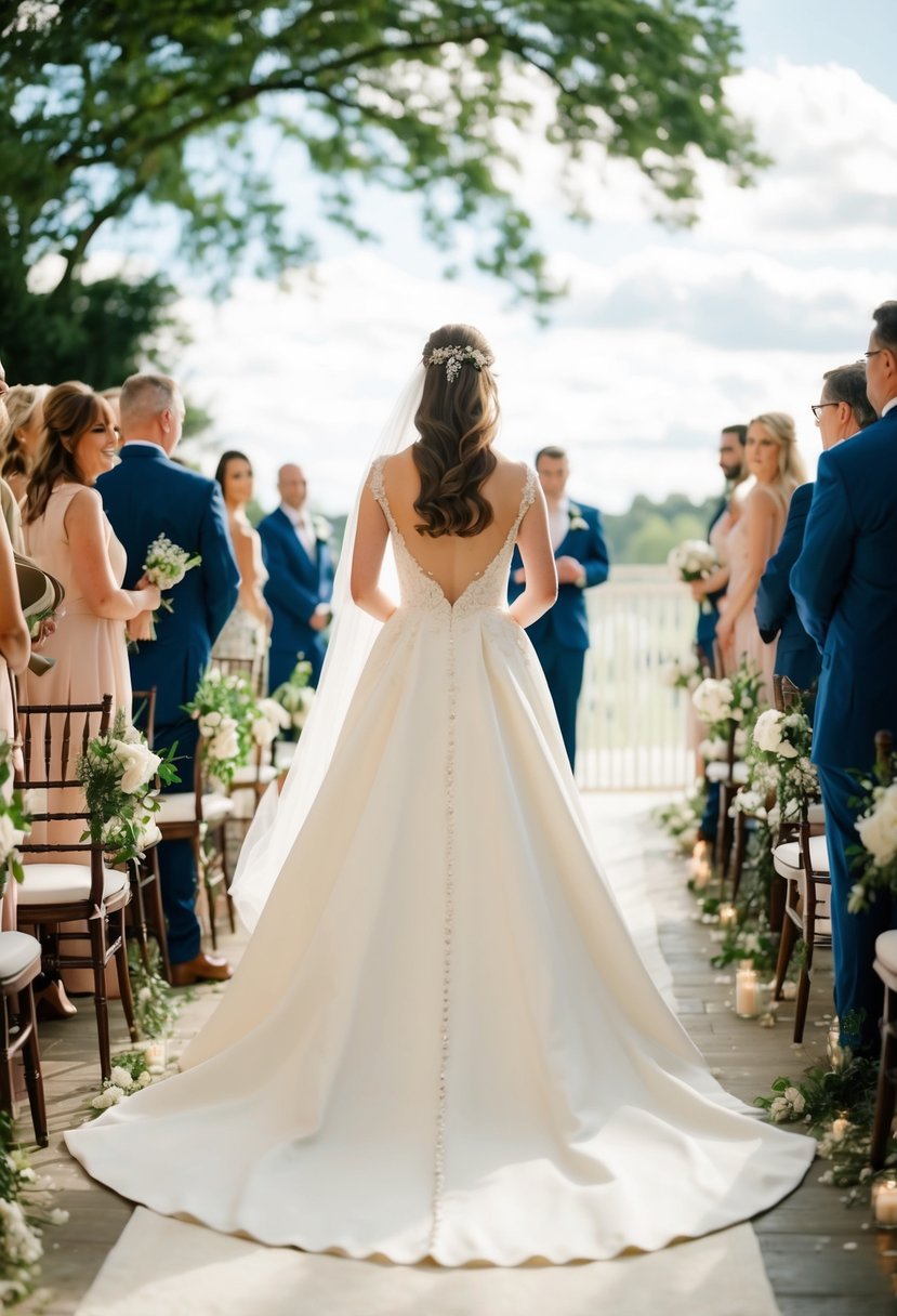 A bride in a long train wedding dress, with a convertible detachable train flowing behind her as she walks down the aisle