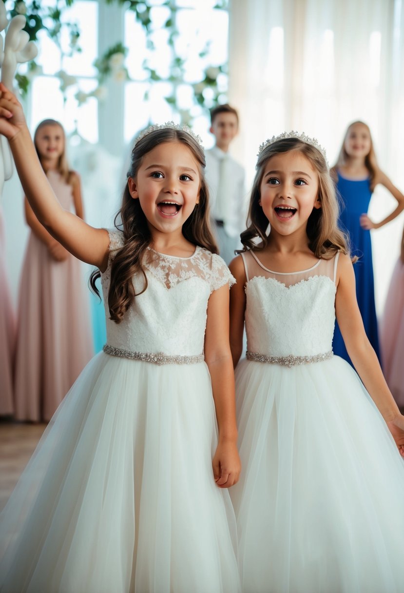 Two kids, aged 9 and 10, excitedly brainstorming wedding dress ideas together