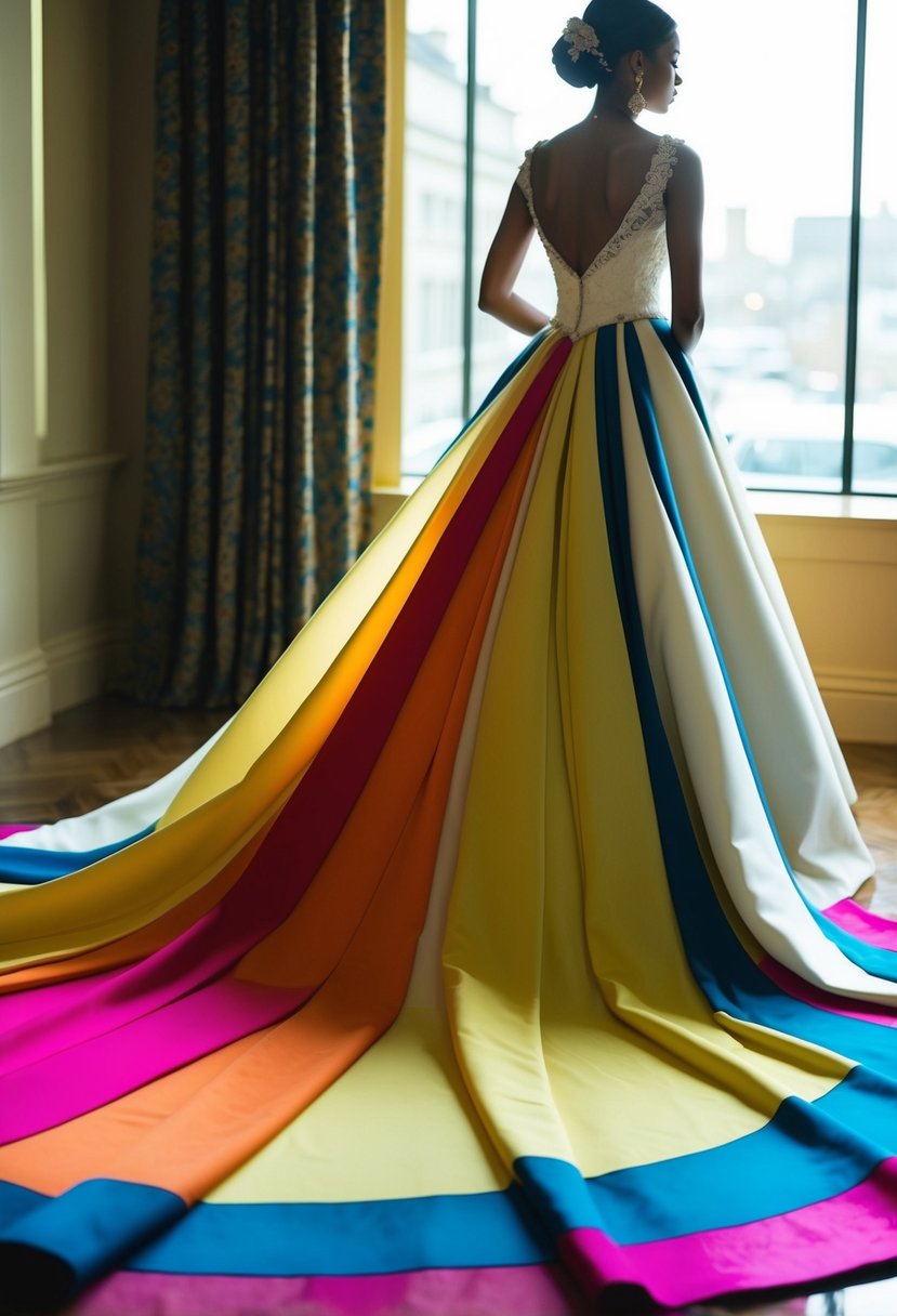 A bold, colorful train flows behind a wedding dress, creating a striking and dramatic silhouette