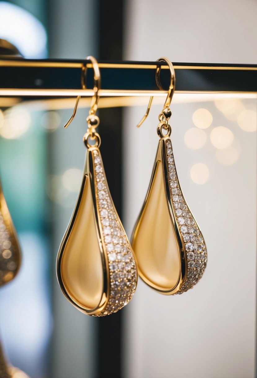 A pair of pear-shaped dangle earrings hanging on a display, with soft lighting to highlight their elegant design and elongated silhouette