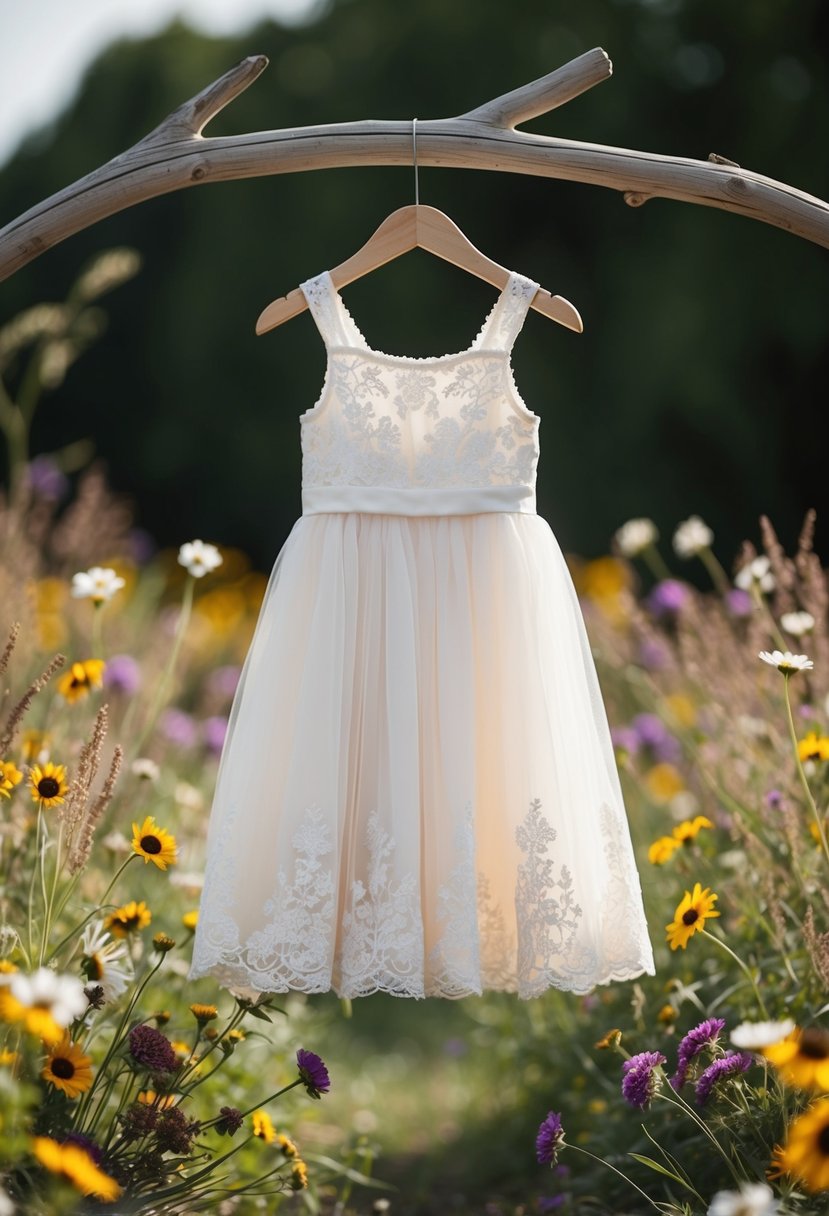 A dainty lace flower girl dress hangs on a wooden hanger, surrounded by wildflowers and rustic decor