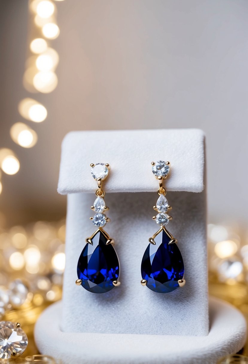 Two teardrop sapphire earrings with diamond accents on a white velvet display, surrounded by soft lighting