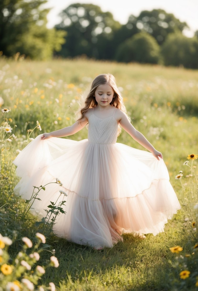 A young girl twirls in a flowing bohemian tulle gown, surrounded by wildflowers and soft sunlight