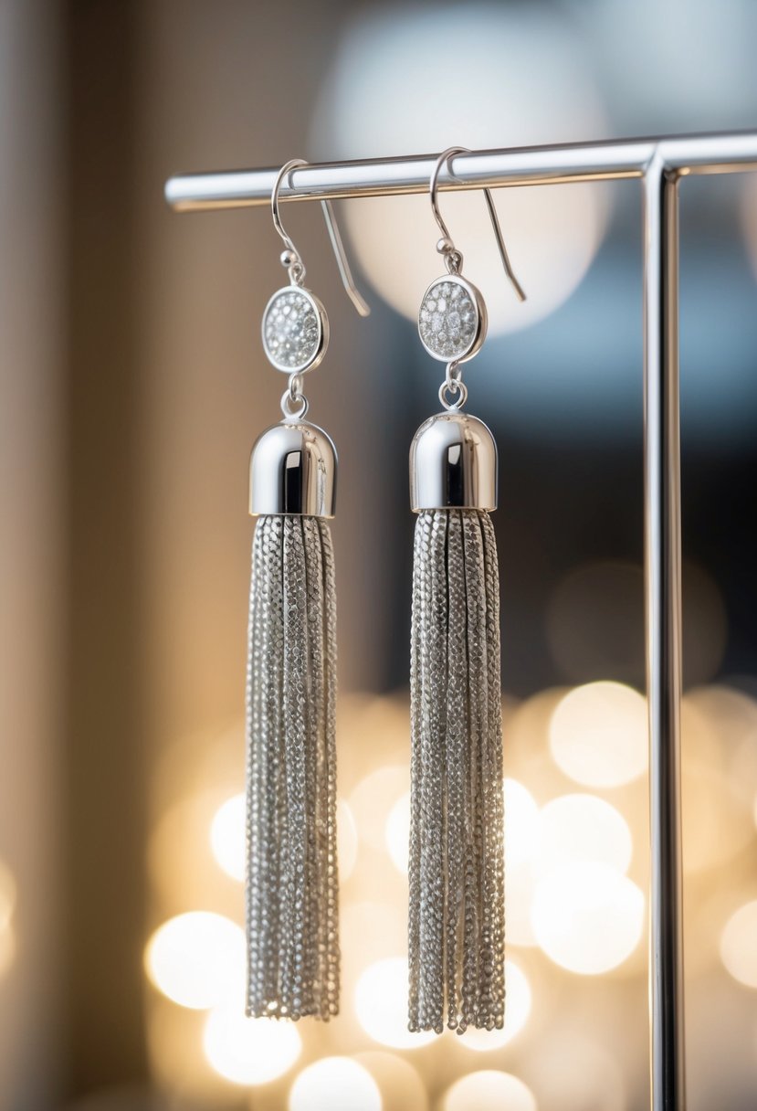 Long silver tassel earrings hanging from a jewelry stand, with soft lighting to create a chic and elegant atmosphere