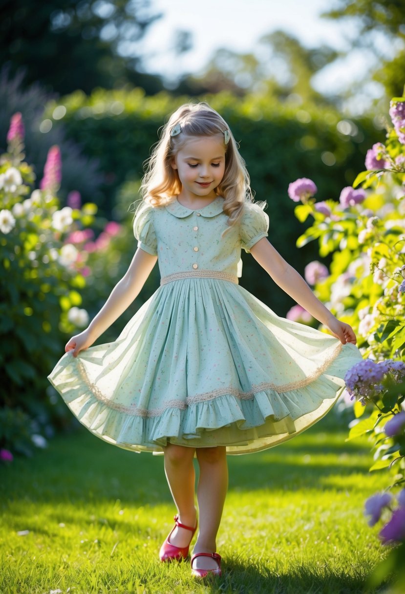 A young girl twirls in a garden, wearing a vintage-inspired tea-length dress, surrounded by blooming flowers and dappled sunlight