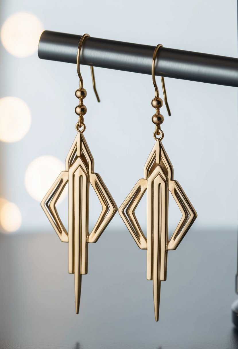 A pair of Art Deco-inspired geometric drop earrings displayed on a sleek, minimalist surface