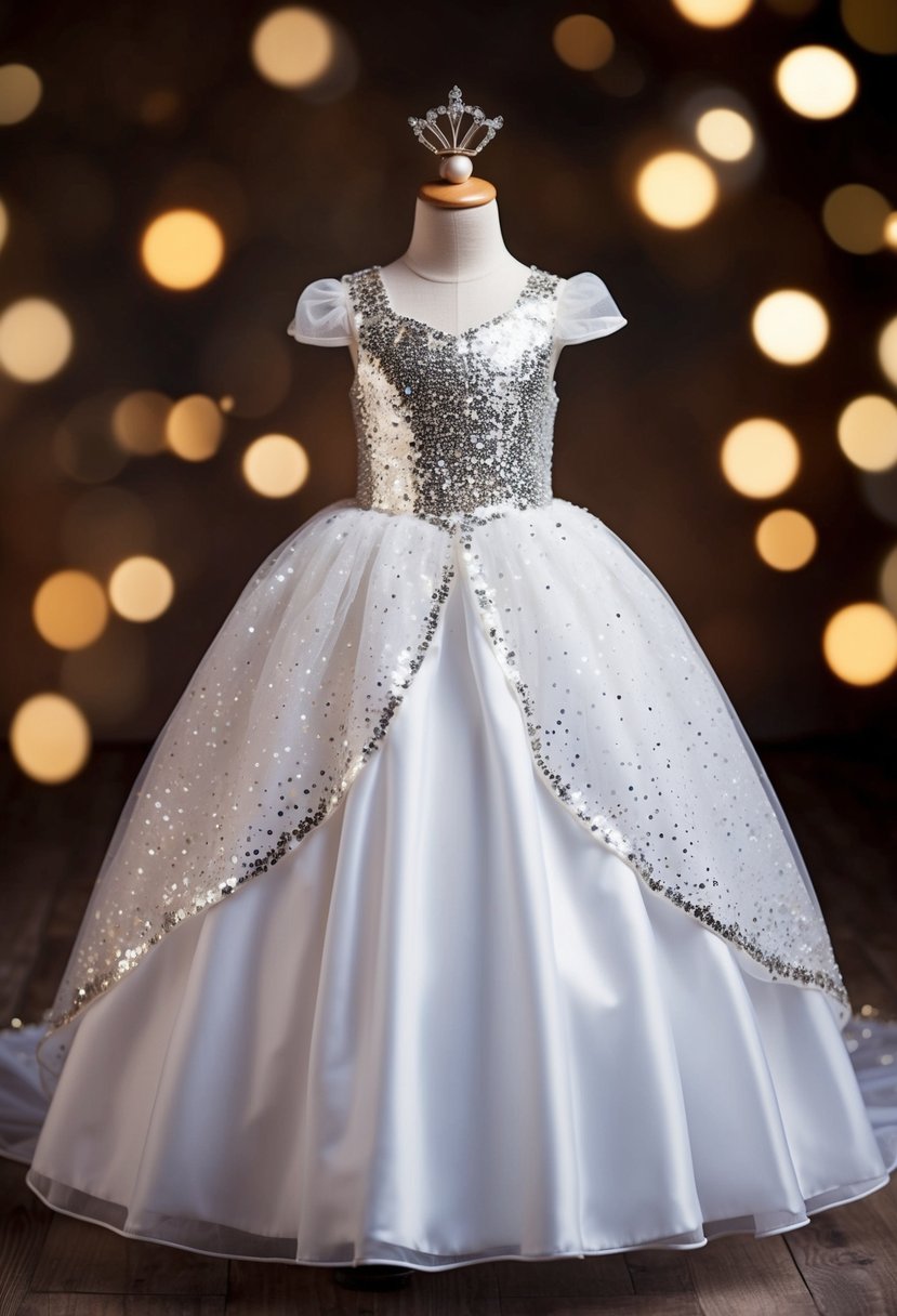 A dazzling princess dress with sequins and sparkles, fit for a wedding, designed for kids aged 9 to 10