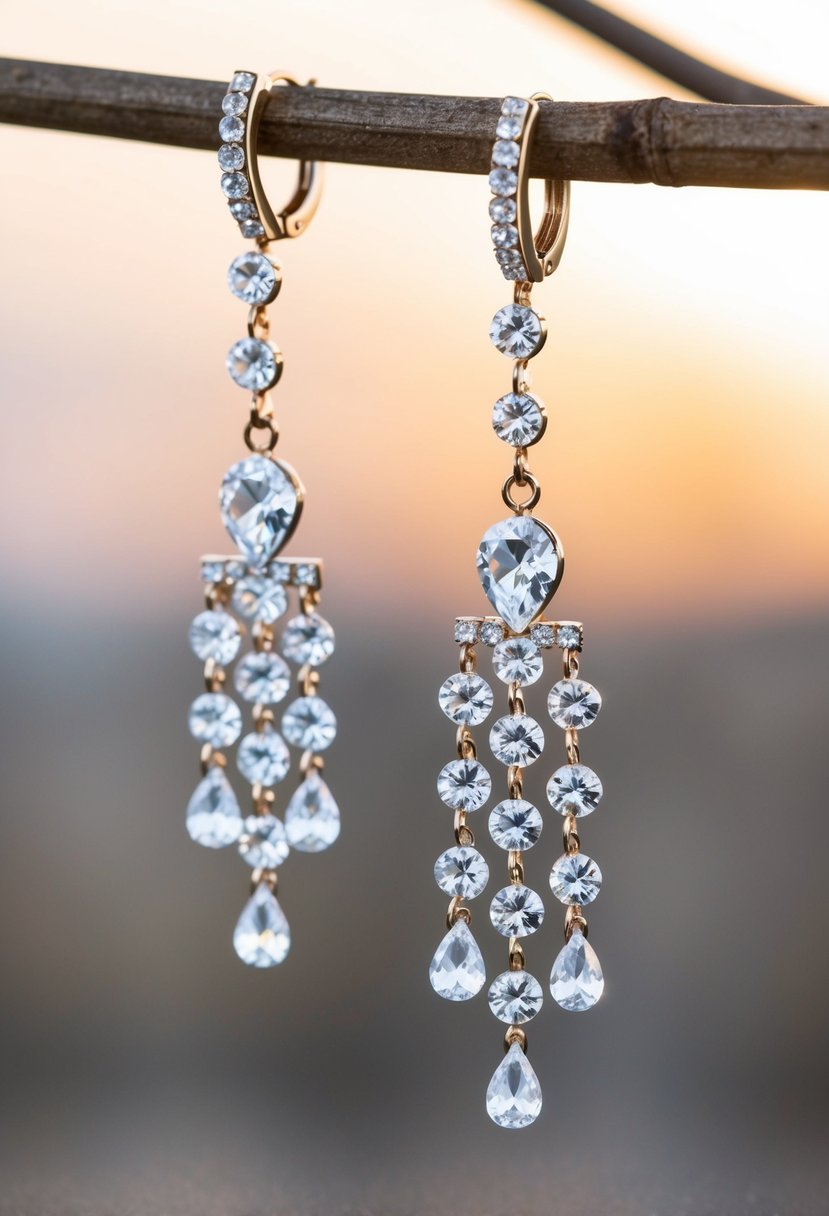 Sparkling crystal chandelier earrings dangle against a soft, blurred background, casting a glamorous glow