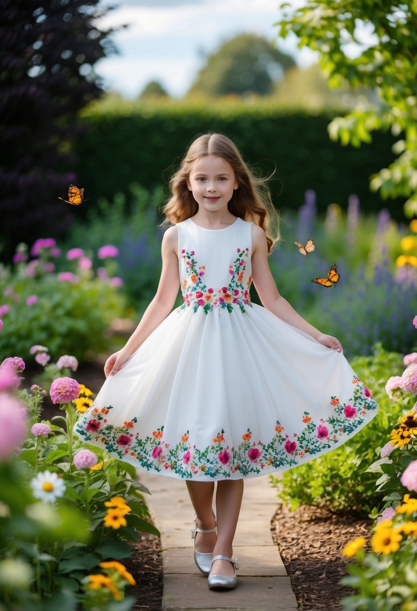 A young girl twirls in a garden, wearing a floral embroidered A-line dress, surrounded by blooming flowers and butterflies