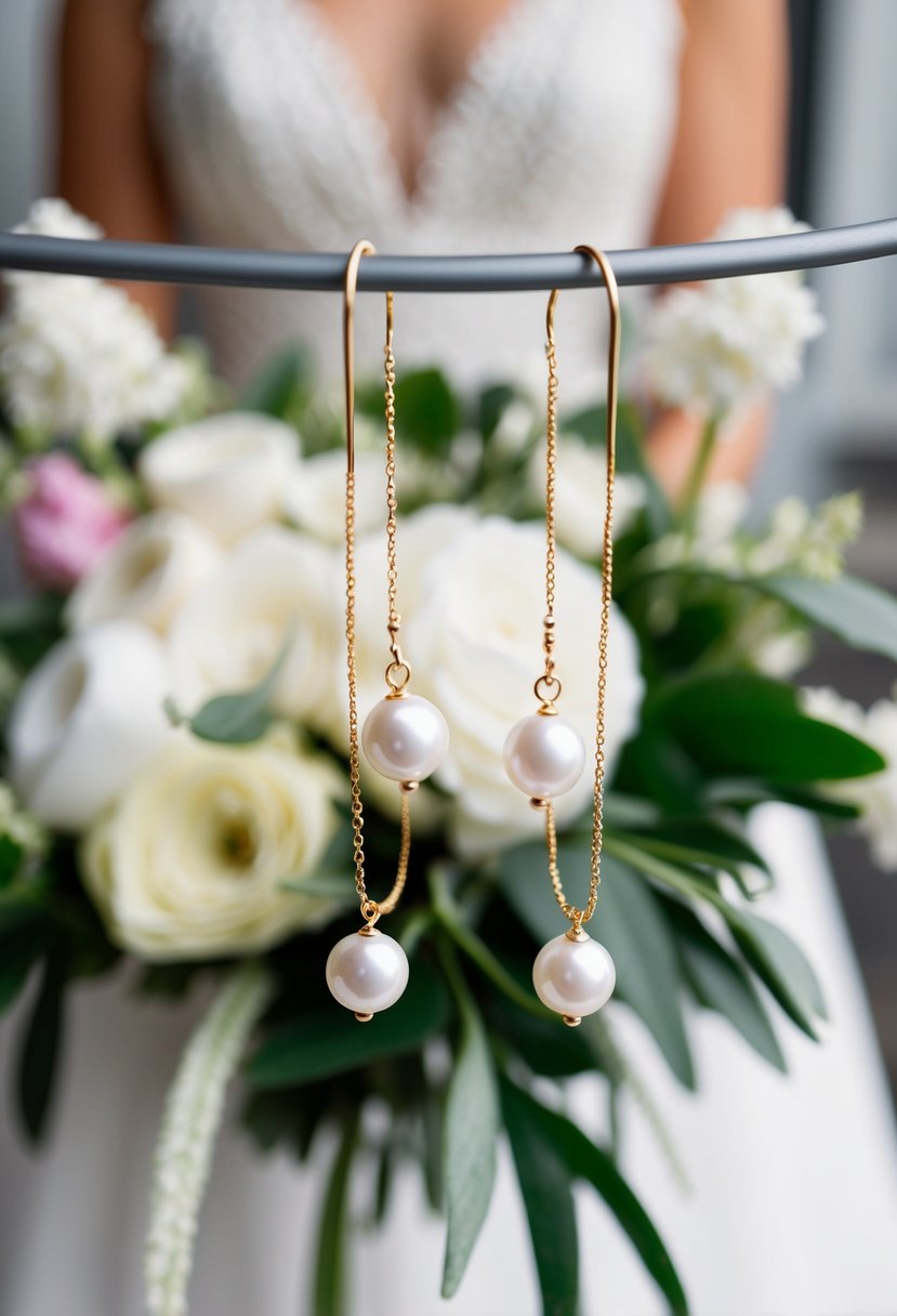 A pair of 14K gold threader earrings with pearls, delicately suspended in front of a bridal bouquet, capturing the elegance and sophistication of a wedding day