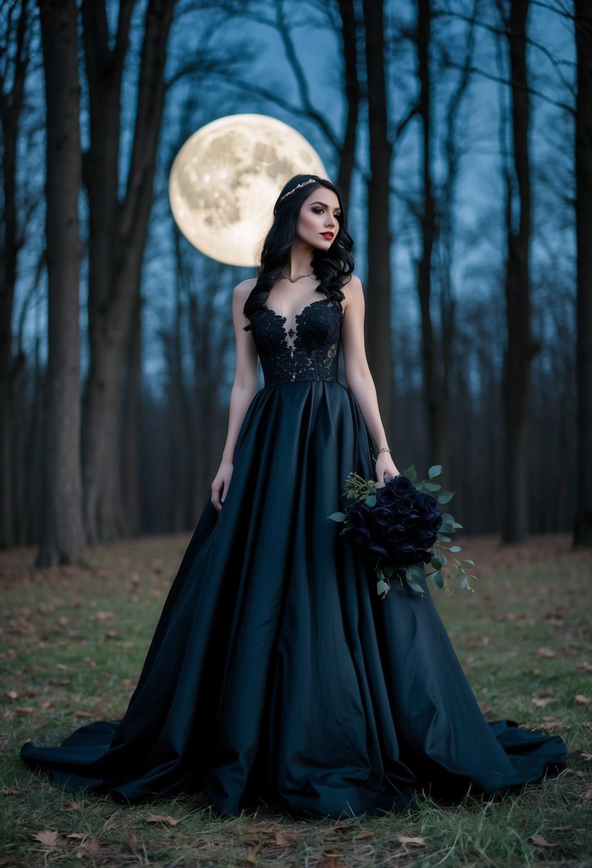 A gothic bride stands in a moonlit forest, her black dress billowing in the wind as she holds a bouquet of dark roses