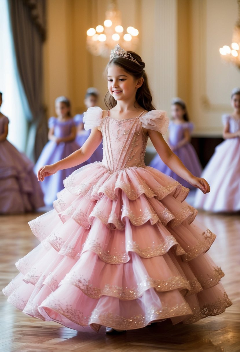 A young girl twirls in a grand ballroom, wearing a ruffled fairytale gown fit for a princess. The gown is adorned with delicate lace and shimmering details, creating a magical and enchanting atmosphere